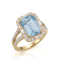Aureline Halo – Emerald Cut Aquamarine Diamond Split Shank Ring Setting