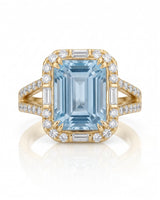 Aureline Halo emerald cut Aquamarine diamond halo ring setting in yellow gold, front view | SARATTI