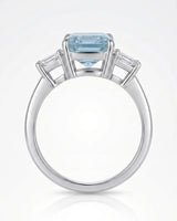 Three stone emerald cut Aquamarine ring setting in 18K White Gold, detailed profile view | SARATTI