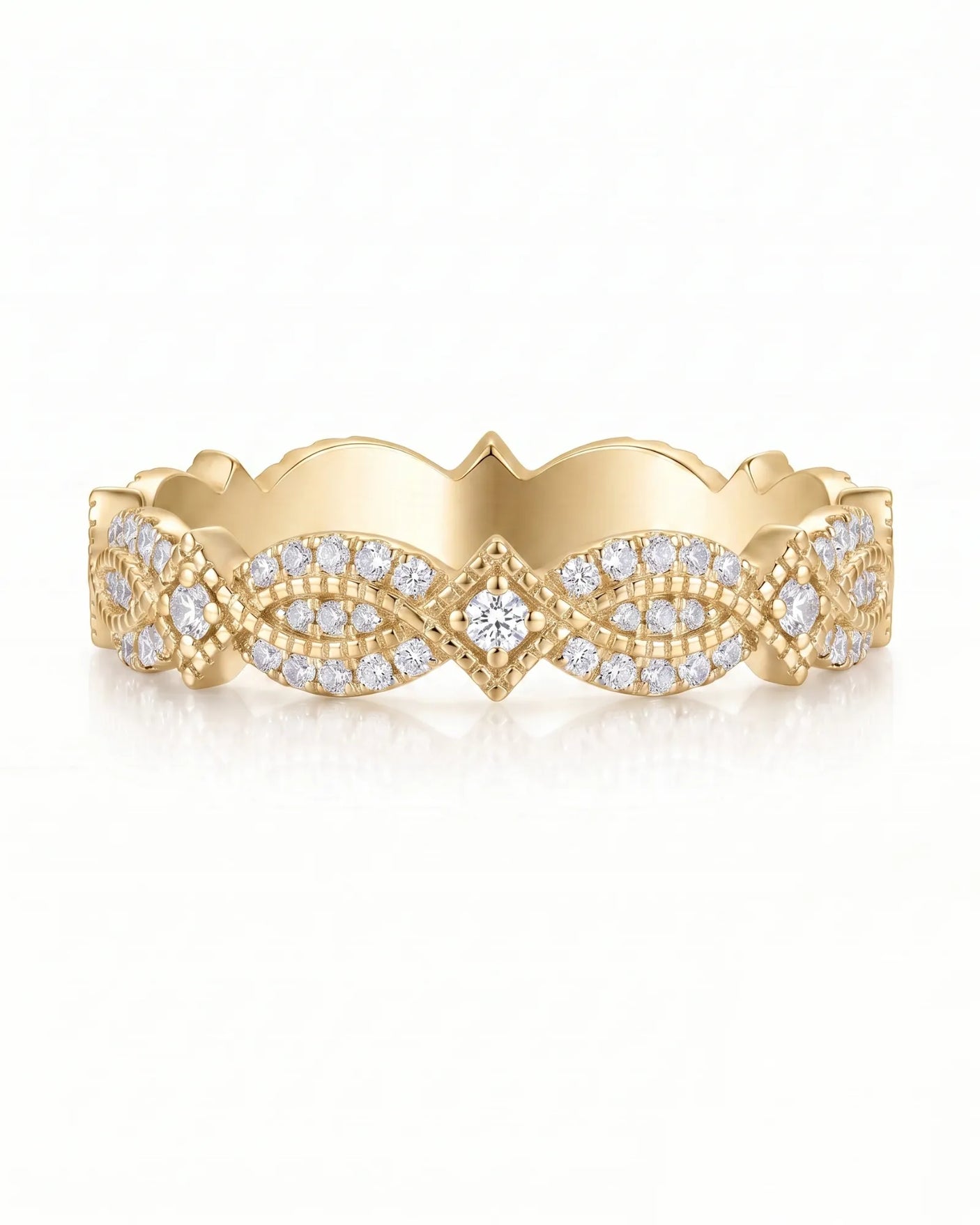 Art Nouveu Wedding Band with Diamonds in White Gold