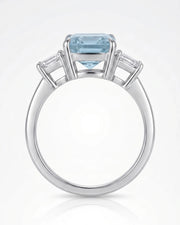 Three stone emerald cut Aquamarine ring setting in Platinum, refined side profile view | SARATTI
