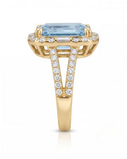 Aureline Halo Aquamarine split shank diamond ring setting in yellow gold, side profile | SARATTI