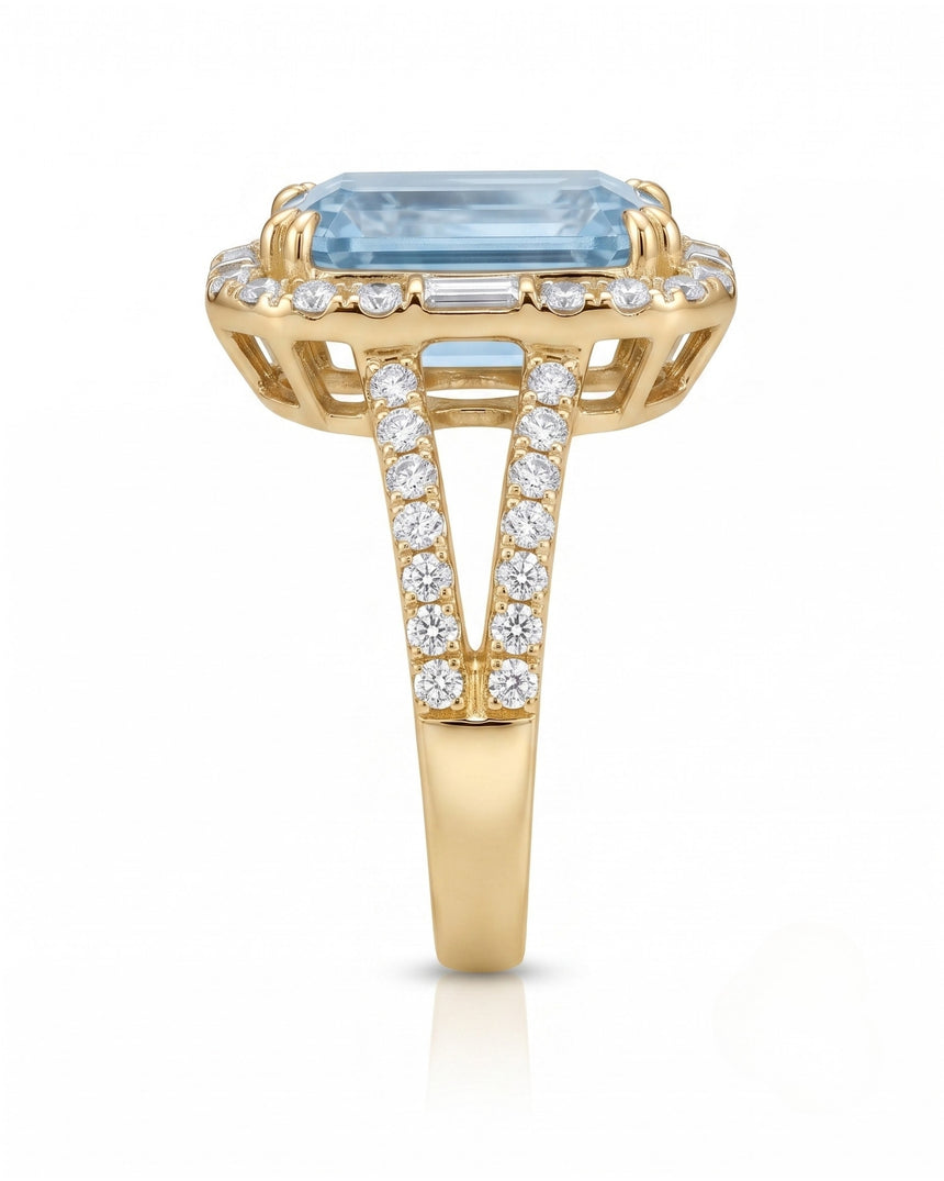 Aureline Halo Aquamarine split shank diamond ring setting in yellow gold, side profile | SARATTI