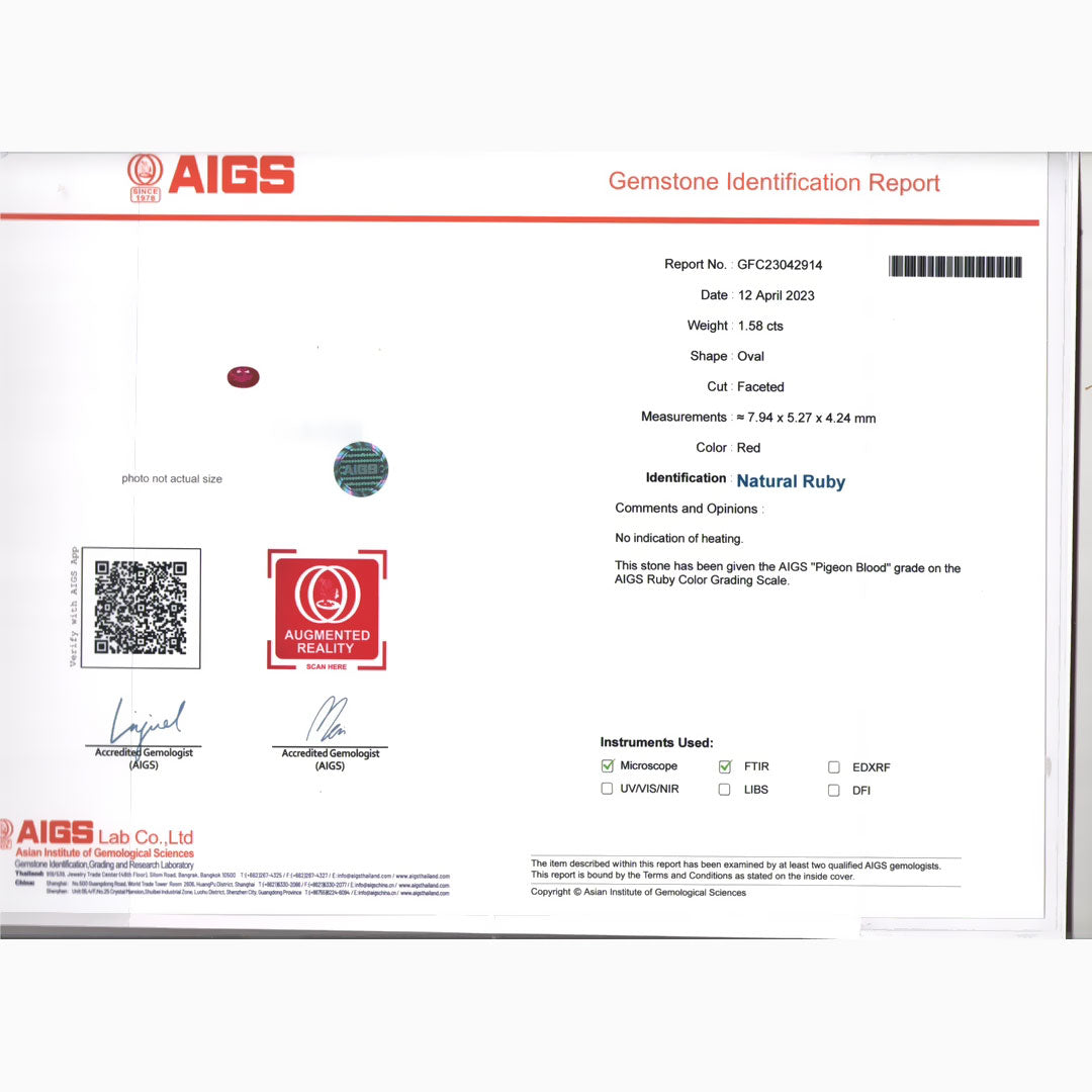 AIGS Lab Certificate Natural Unheated Pigeon Blood Vivid Red Ruby Gemstone Certificate | Saratti Jewelry