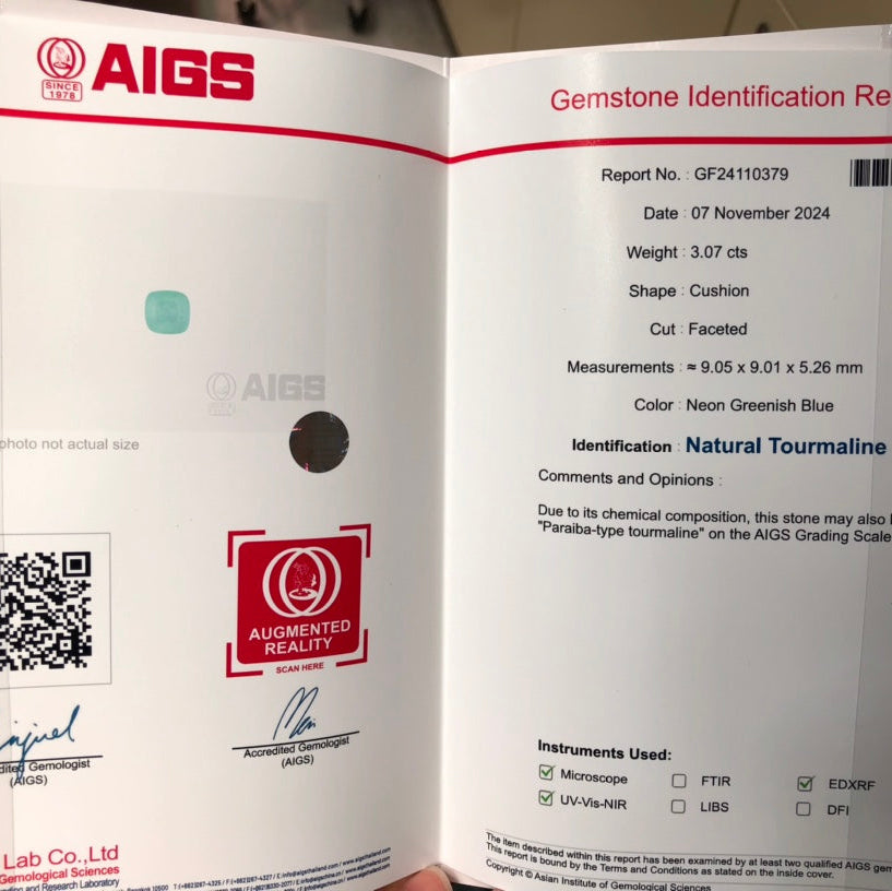 3.07-carat Neon Greenish- Blue Cushion Paraiba Tourmaline | AIGS Certified