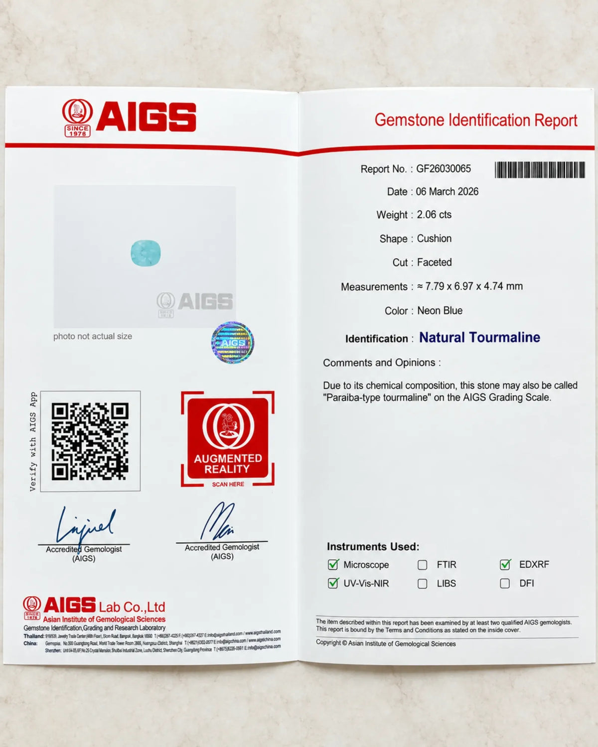 AIGS Certified 2.06ct Tourmaline measuring 7.79 × 6.97 × 4.74 mm loose stone | SARATTI