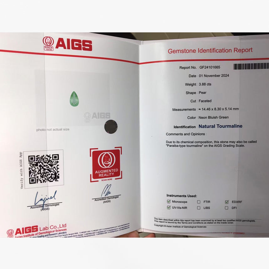 AIGS Certified 3.88 Carat Neon Bluish Green Tourmaline Pear