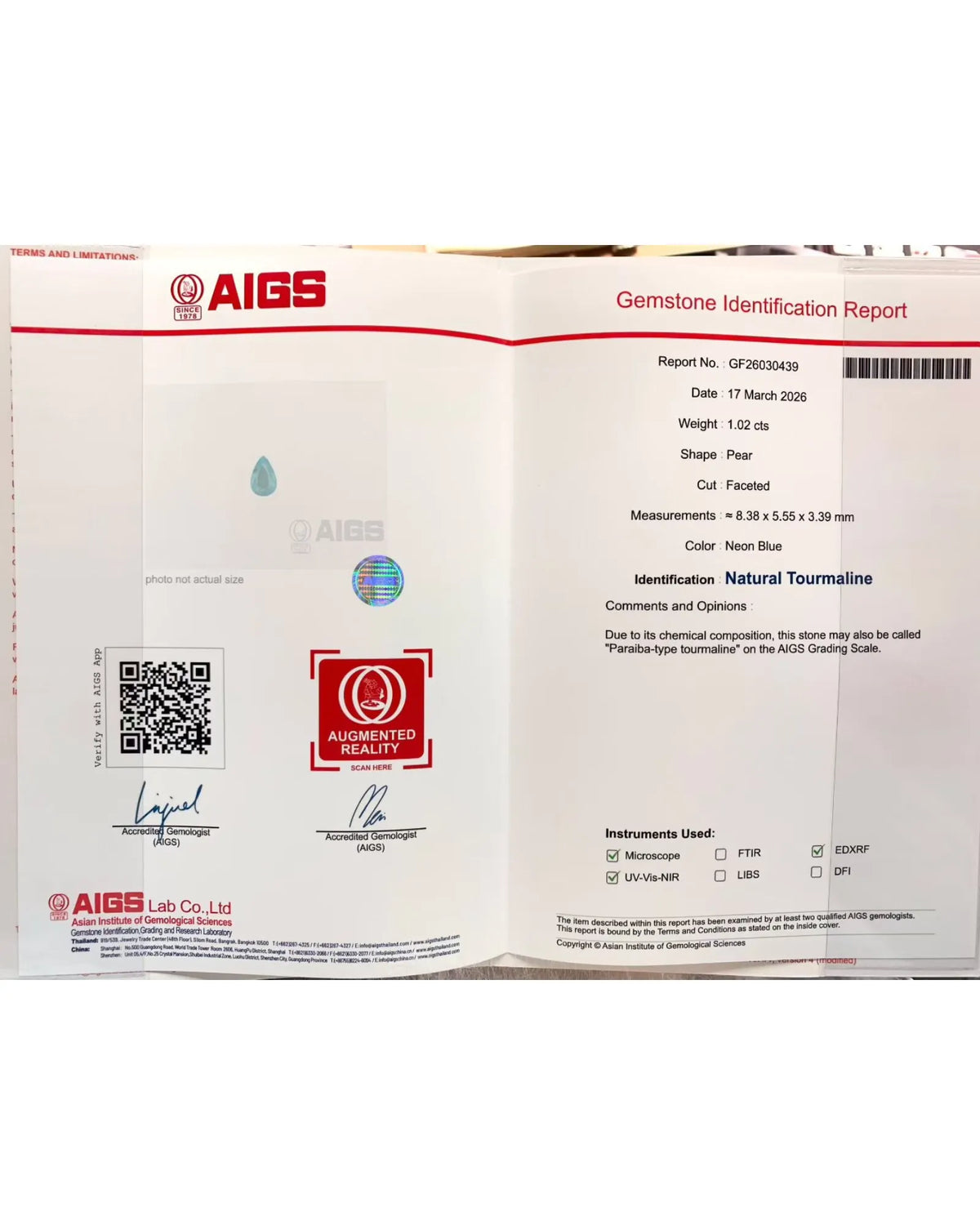 AIGS Certified Neon Blue Tourmaline measuring 8.38 × 5.55 × 3.39 mm | SARATTI