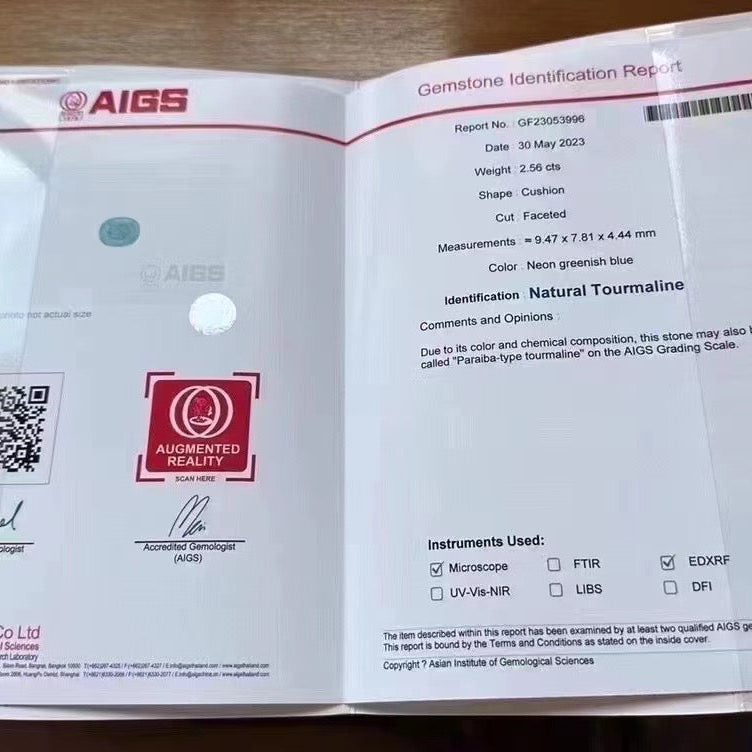 AIGS Neon Greenish Blue Natural Paraiba Touramline Gemstone - 2.56 carats  - SARATTI