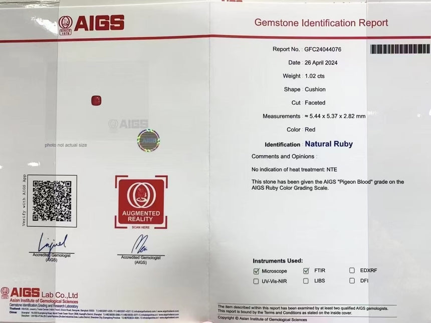 AIGS certified 1.02 carat unheated Pigeon Blood Ruby | SARATTI