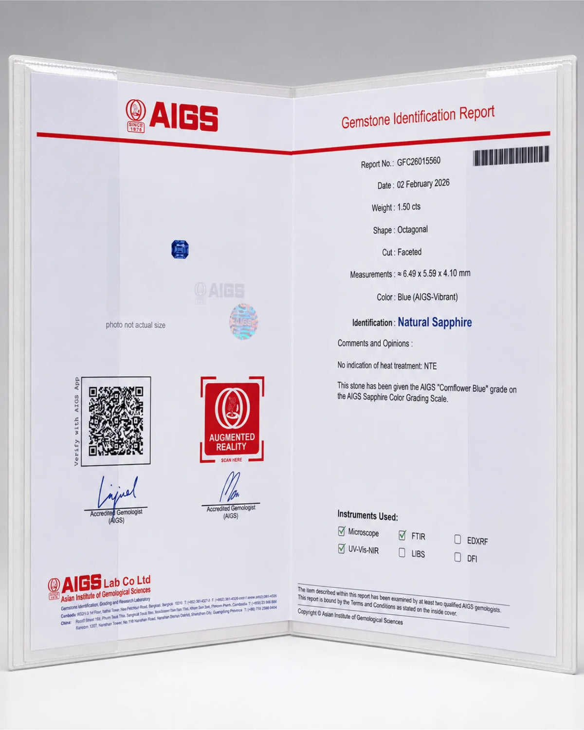 AIGS certified Unheated Cornflower Blue Sapphire alternate view | SARATTI