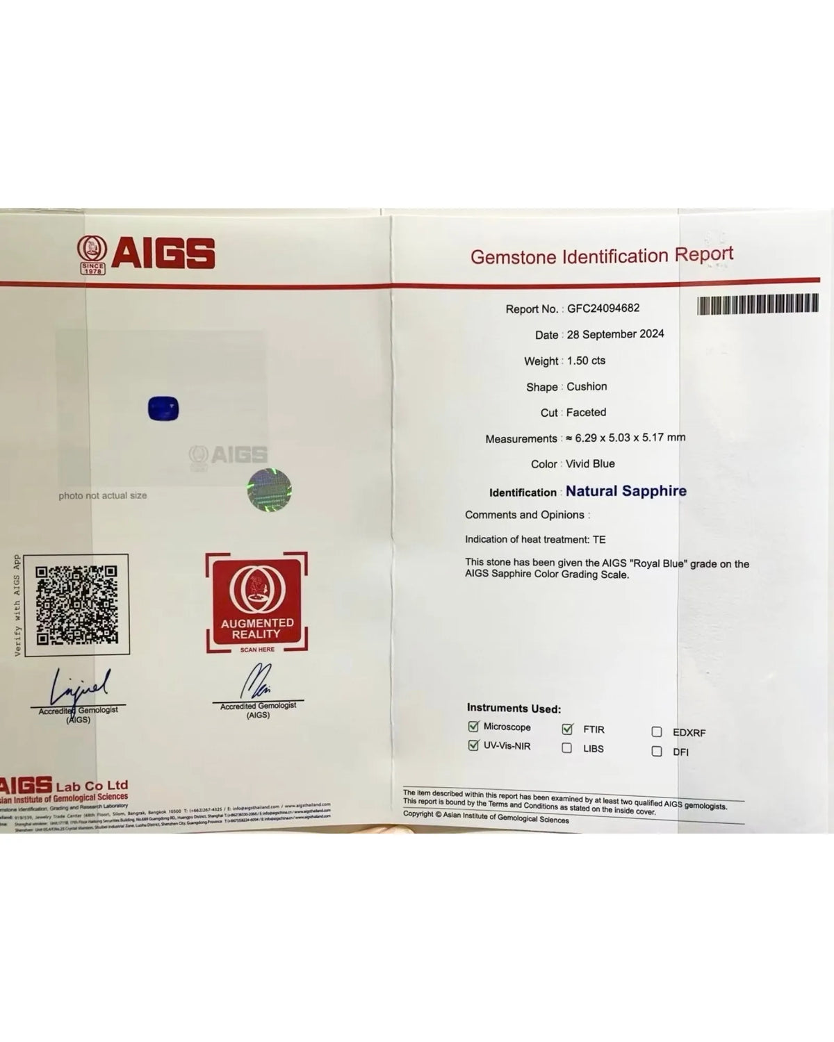 AIGS report for 1.50ct Natural Royal Blue Sapphire Cushion gemstone | SARATTI