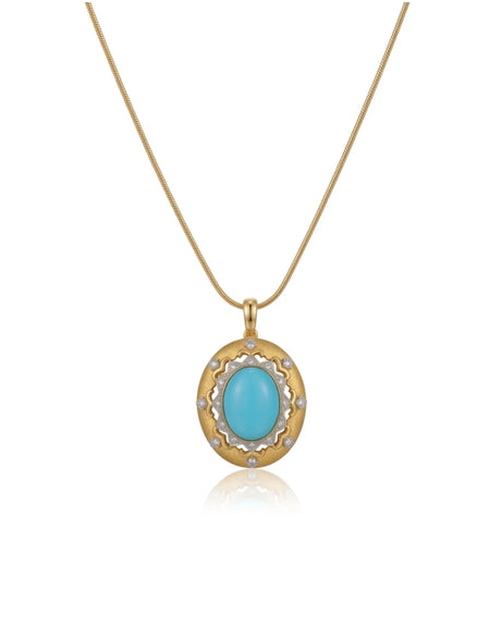 AURELIA Sleeping Beauty turquoise pendant necklace with oval blue gemstone, diamonds and textured 18K gold frame | SARATTI