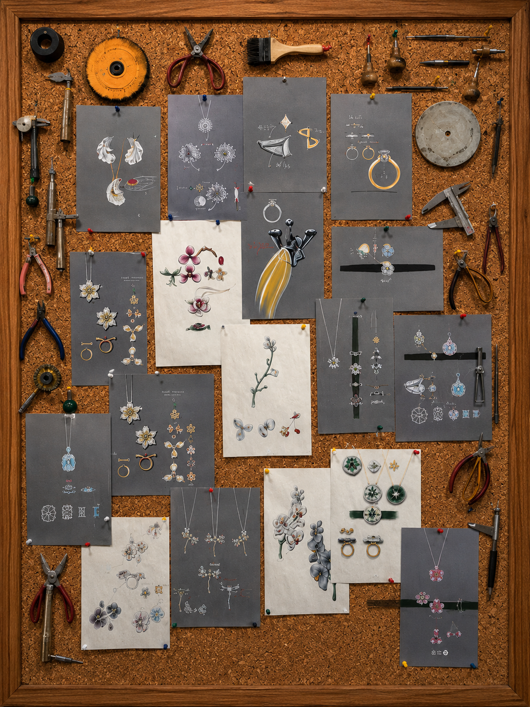 A framed corkboard display filled with multiple gray and white fabric swatches featuring jewelry sketches and designs, surrounded by hand tools and materials on a wooden frame. Jewelry Gouche Paintints 