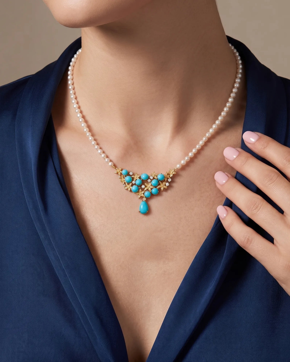 Akoya pearl necklace featuring blue pine beads and floral diamond accents in 18K yellow gold | SARATTI