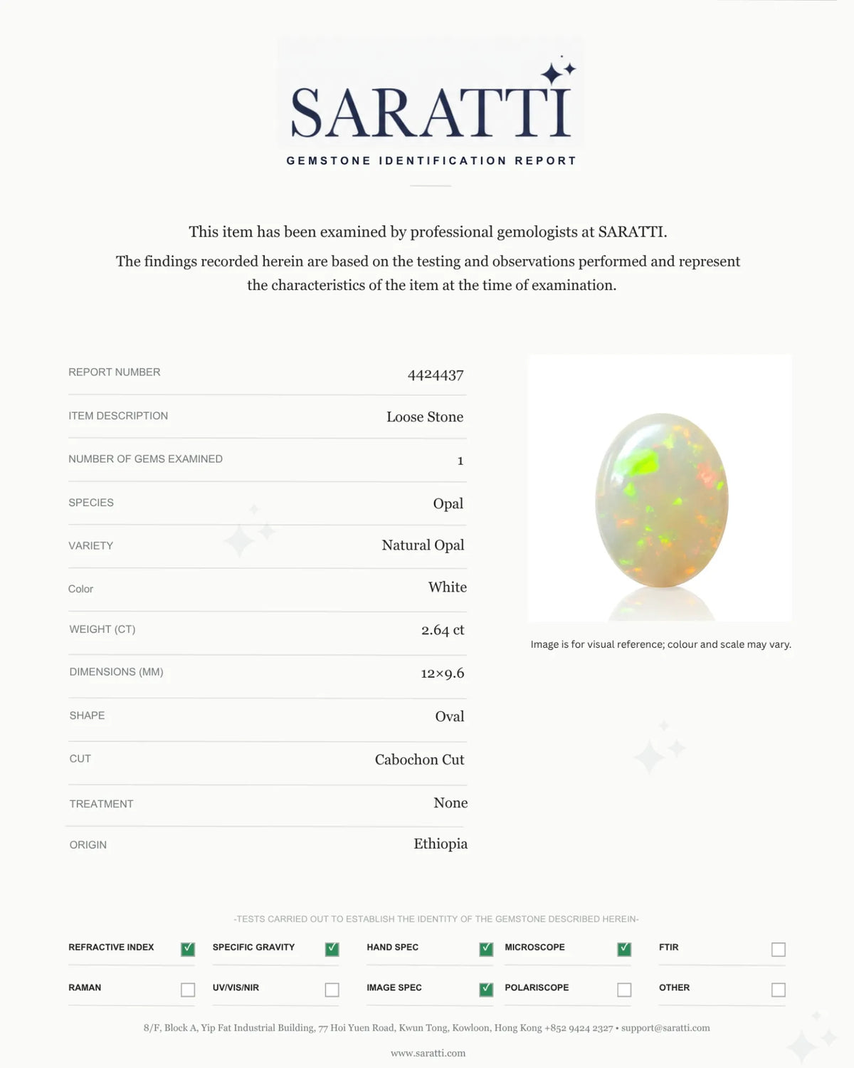 Alternate angle of 2.64ct Natural White Opal with bright fire - SARATTI
