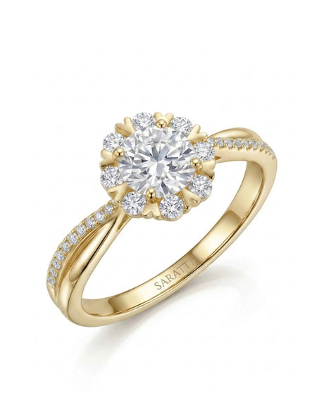Amande halo twisted shank diamond engagement ring 45-degree view in 18K yellow gold | SARATTI