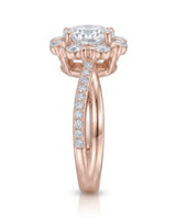 Amande halo twisted shank diamond engagement ring front view in 18K rose gold | SARATTI