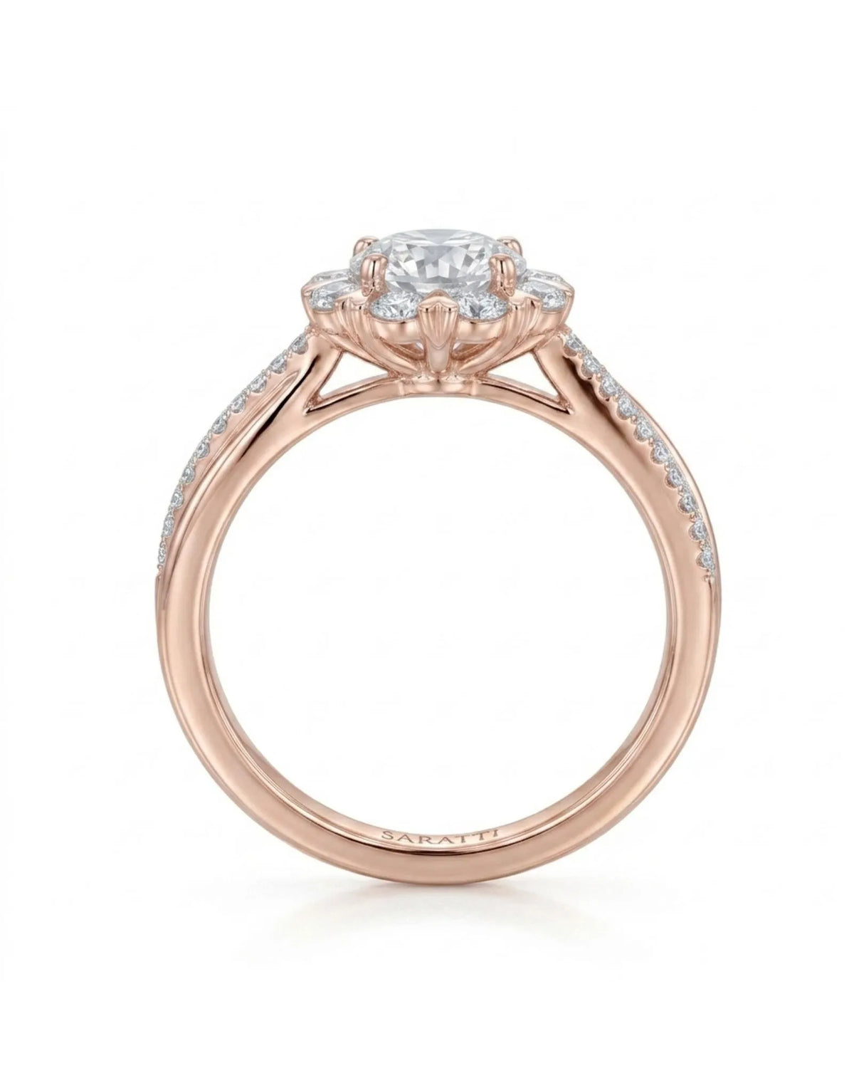  Amande halo twisted shank diamond engagement ring rear view in 18K rose gold | SARATTI