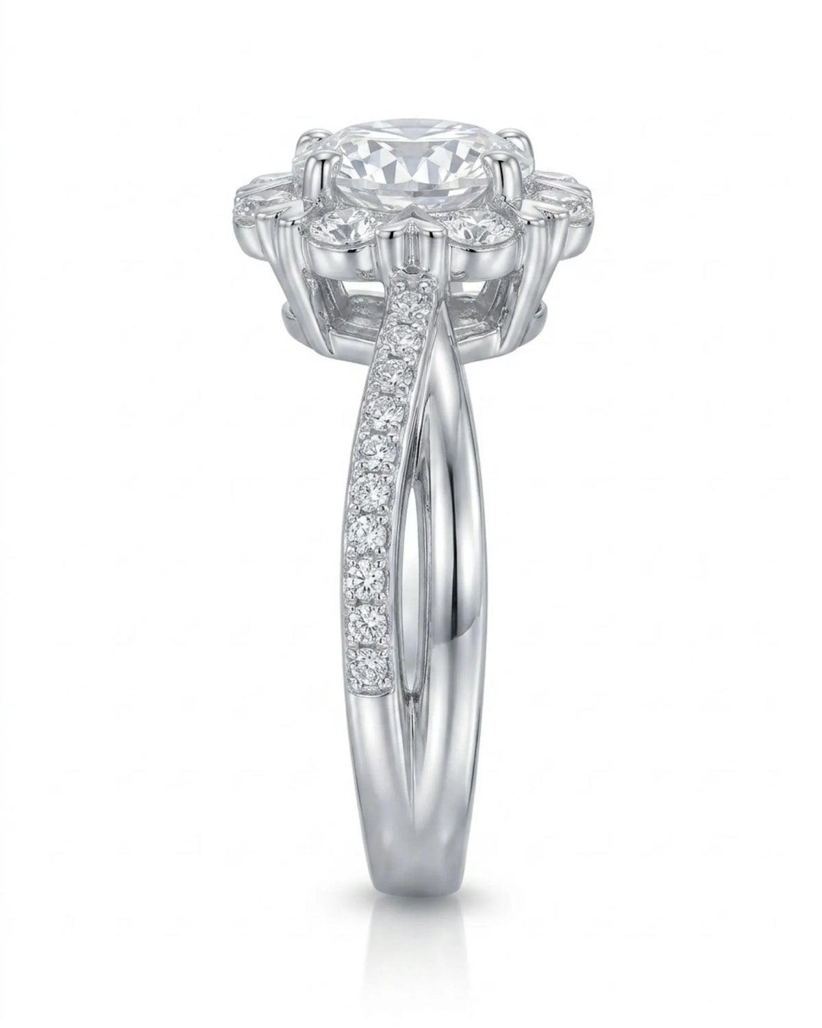 Amande halo twisted shank diamond engagement ring side profile in 18K white gold | SARATTI