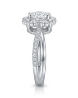 Amande halo twisted shank diamond engagement ring side profile in 18K white gold | SARATTI