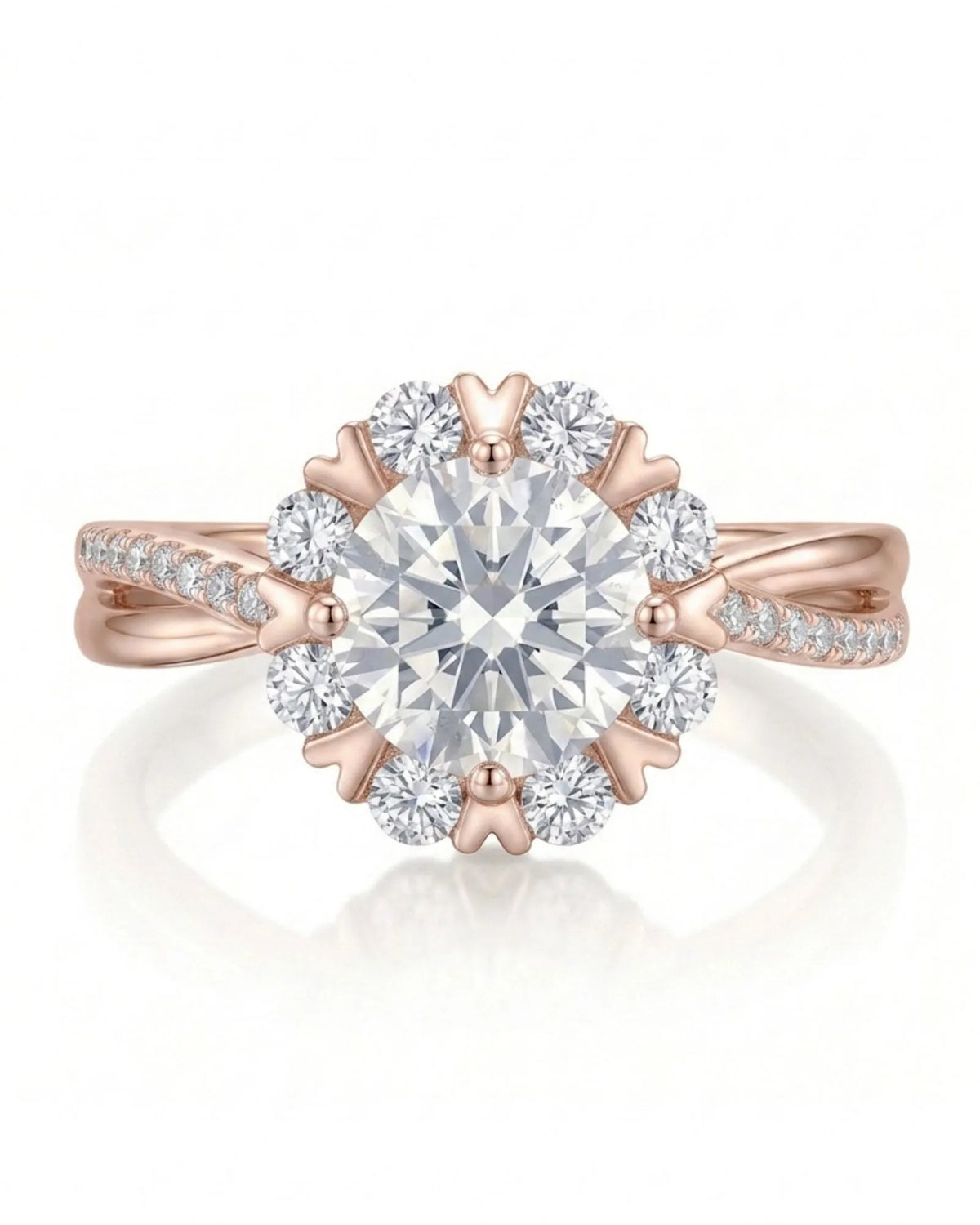 Amande halo twisted shank diamond engagement ring worn on hand in 18K rose gold | SARATTI