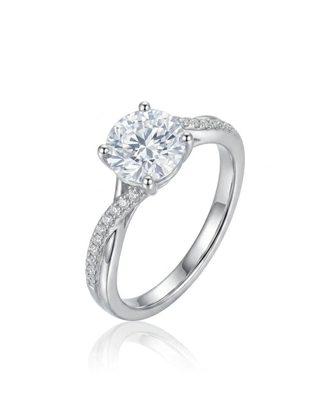 Amira natural diamond ring with round brilliant center and pavé split shank in 18K white gold | SARATTI