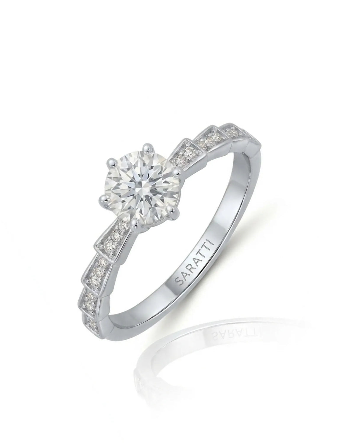 Amora Échelle d’Amour round diamond engagement ring 45-degree view with stepped diamond-set shoulders in Platinum | SARATTI