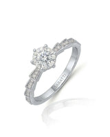 Amora Échelle d’Amour round diamond engagement ring 45-degree view with stepped diamond-set shoulders in Platinum | SARATTI