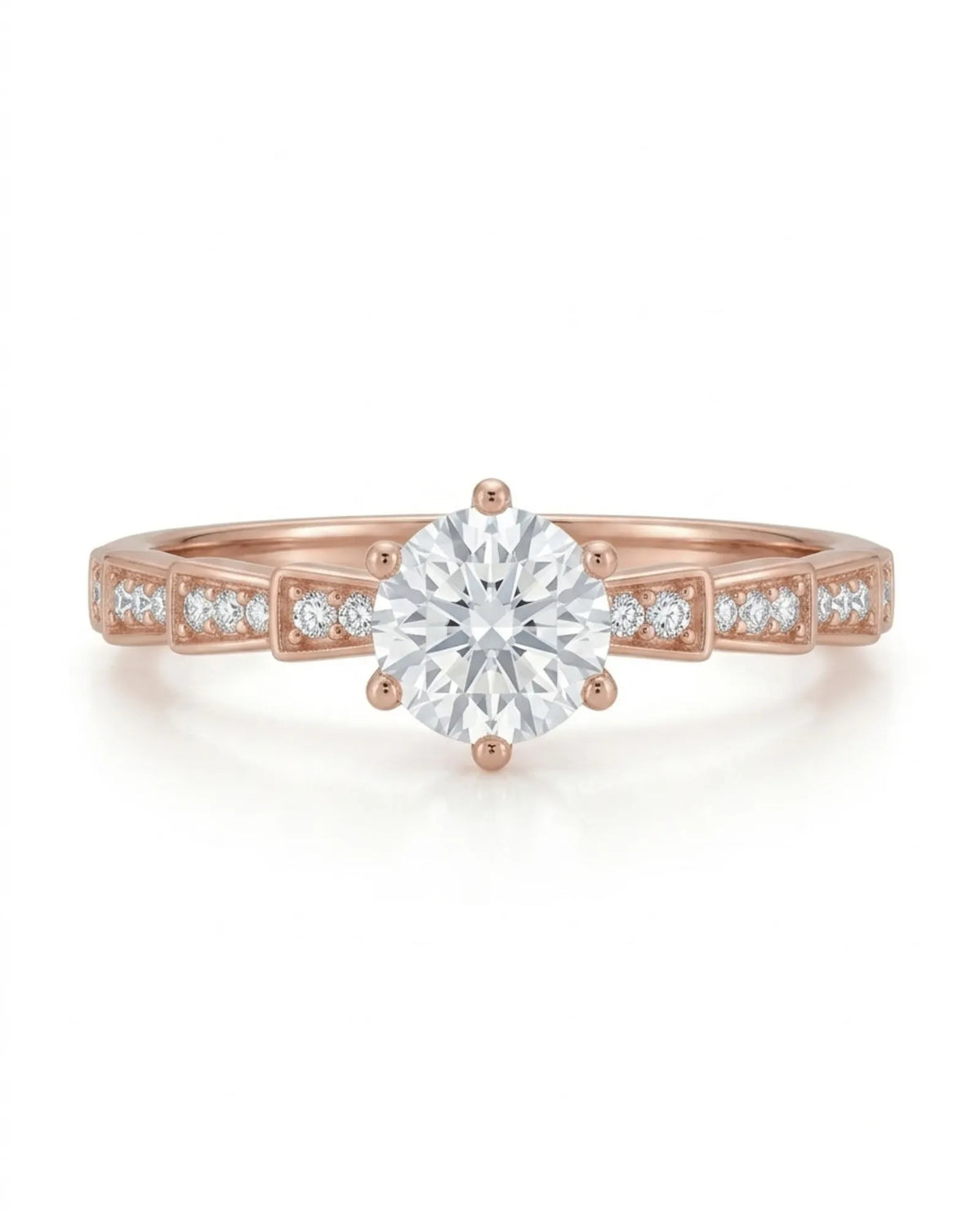 Amora Échelle d’Amour round diamond engagement ring front profile with stepped pavé shoulders in 18K rose gold | SARATTI