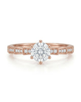 Amora Échelle d’Amour round diamond engagement ring front profile with stepped pavé shoulders in 18K rose gold | SARATTI