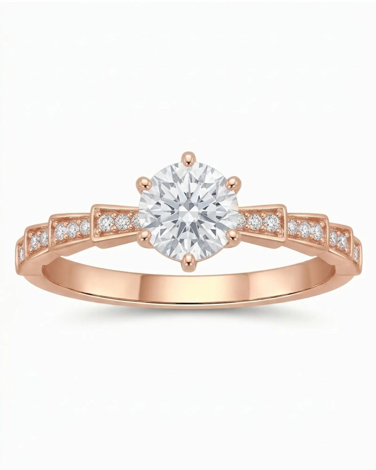 Amora Échelle d’Amour round diamond engagement ring front view with geometric shoulder detailing in 18K rose gold | SARATTI