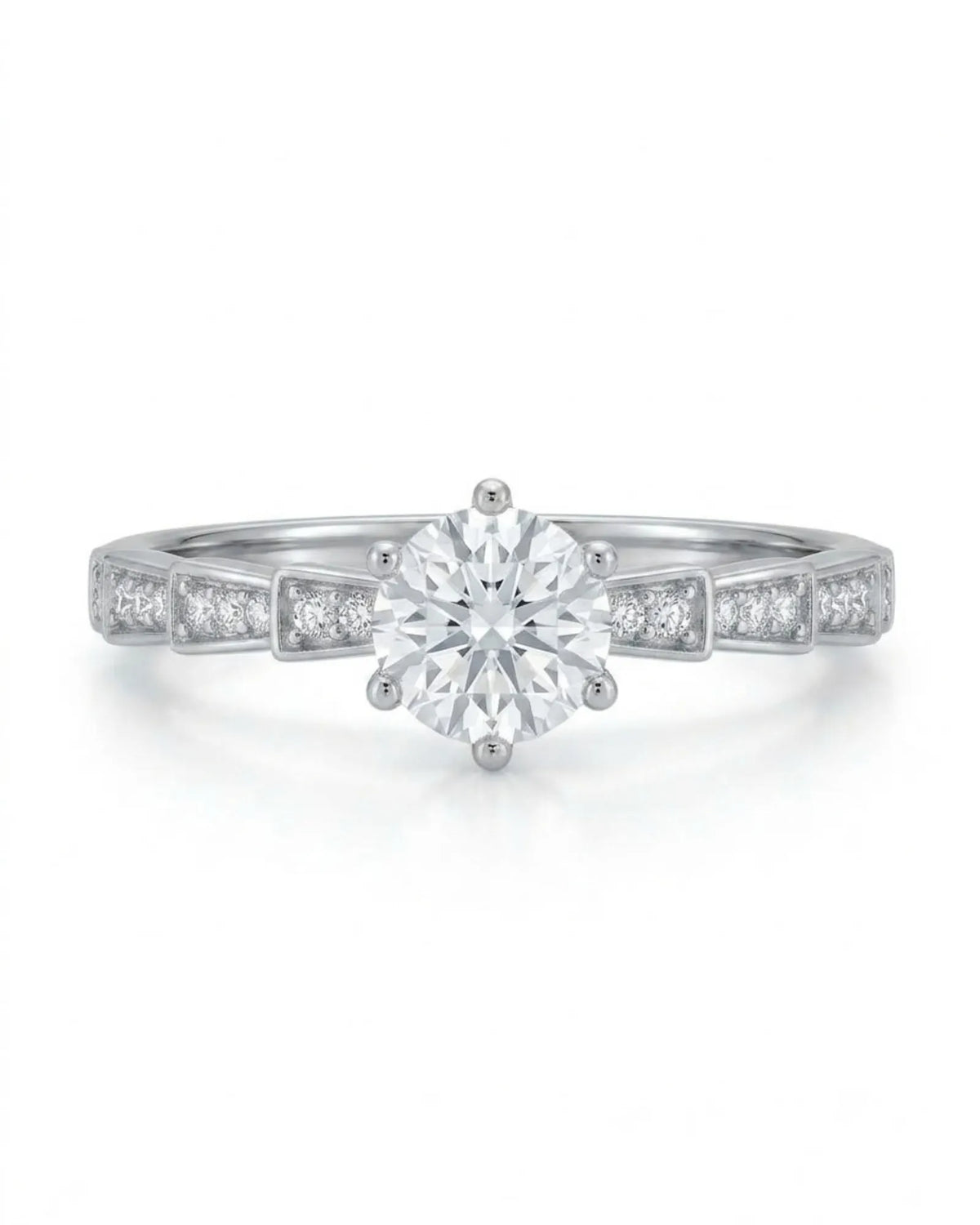 Amora Échelle d’Amour round diamond engagement ring front view with geometric shoulder detailing in Platinum | SARATTI