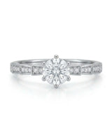 Amora Échelle d’Amour round diamond engagement ring front view with geometric shoulder detailing in Platinum | SARATTI