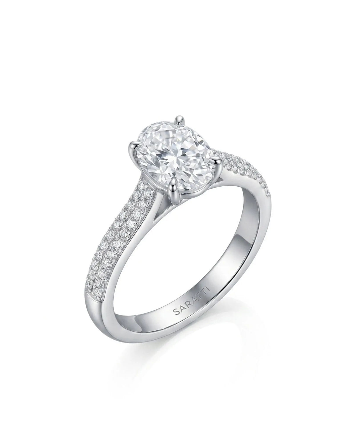 Anais oval diamond ring 45-degree view in 18K white gold | SARATTI