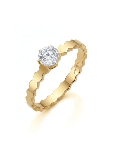 Anima Gemella natural round diamond engagement ring 45-degree view with sculpted geometric band in 18K yellow gold | SARATTI