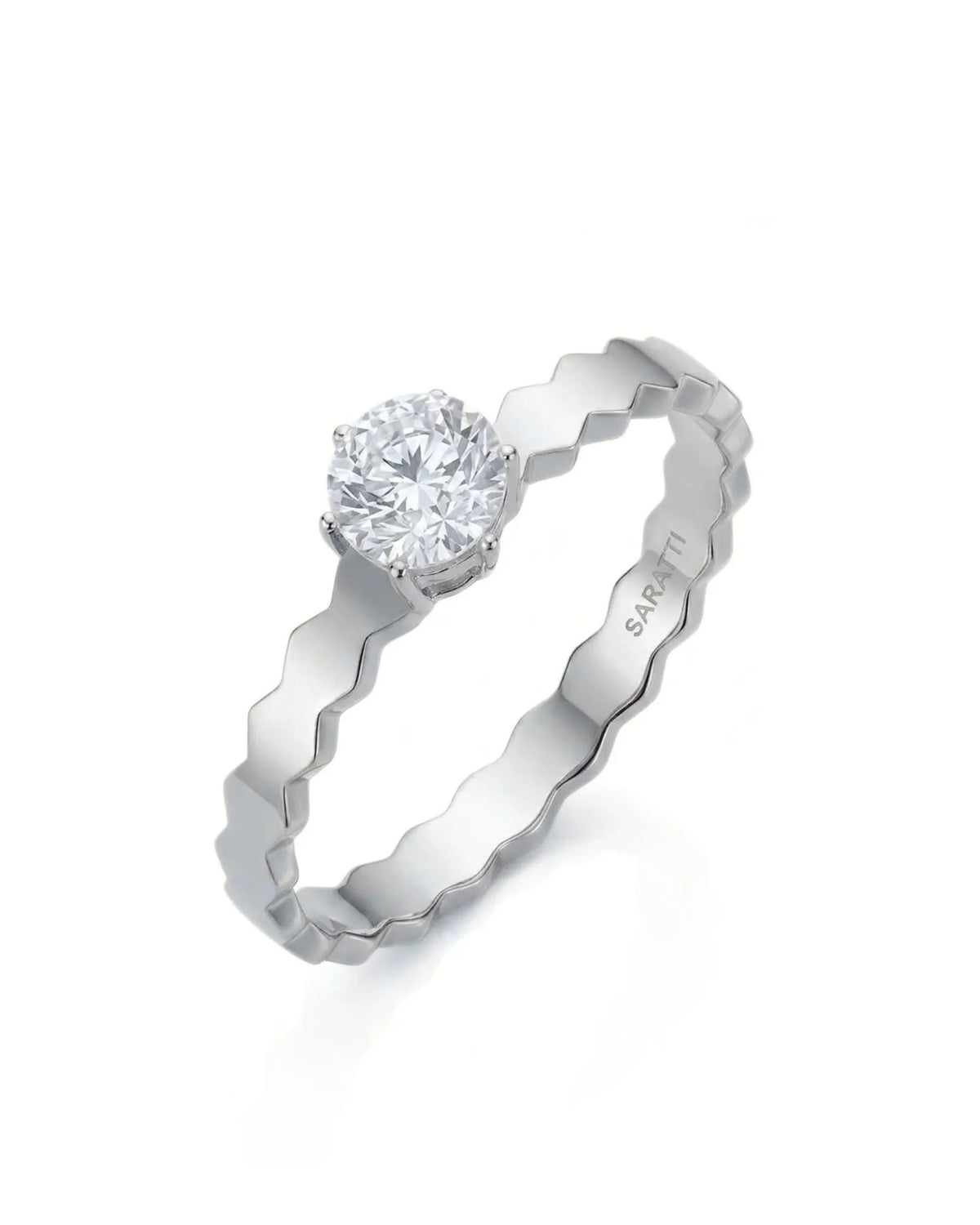 Anima Gemella natural round diamond engagement ring 45-degree view with sculpted geometric band in Platinum | SARATTI