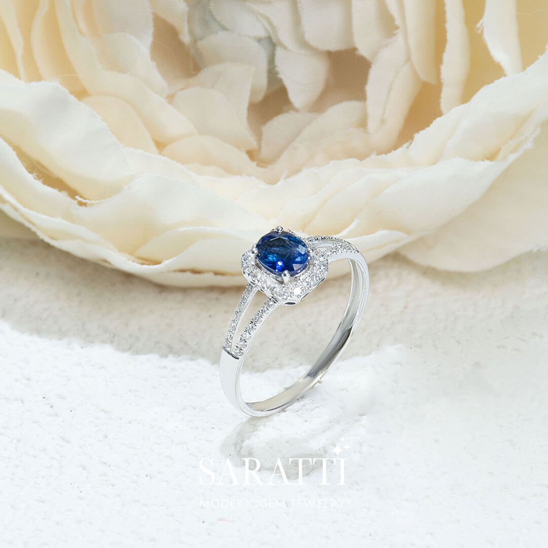 Platinum Bleu Royale Natural Sapphire Split Shank Ring | Saratti Jewelry