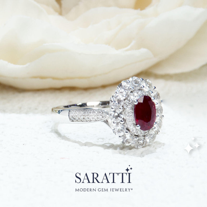 18K White Gold Ring with 0.50ct Ruby in Floral Diamond Setting | Saratti