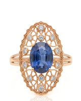 Antique-inspired sapphire ring with openwork diamond halo in romantic rose gold - SARATTI