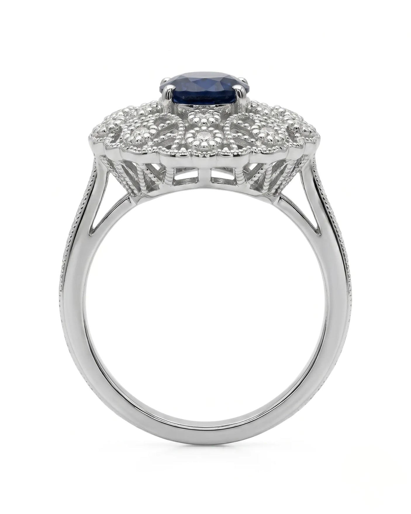 Antique sapphire diamond ring for meaningful gifting in refined 18K white gold | SARATTI