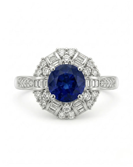 Antique sapphire ring with round and baguette diamond halo in white gold | SARATTI
