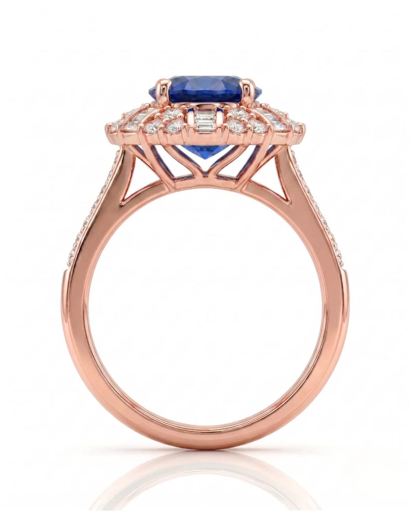 Antique sapphire ring with round and baguette diamonds in romantic rose gold | SARATTI