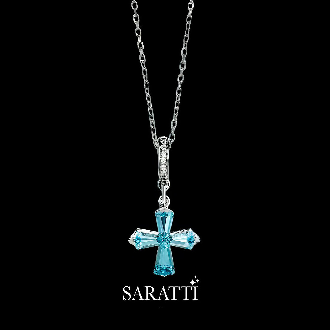 Aquamarine Cross Necklace in 18K White Gold | Saratti Jewelry