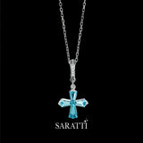 Aquamarine Cross Necklace in 18K White Gold | Saratti Jewelry