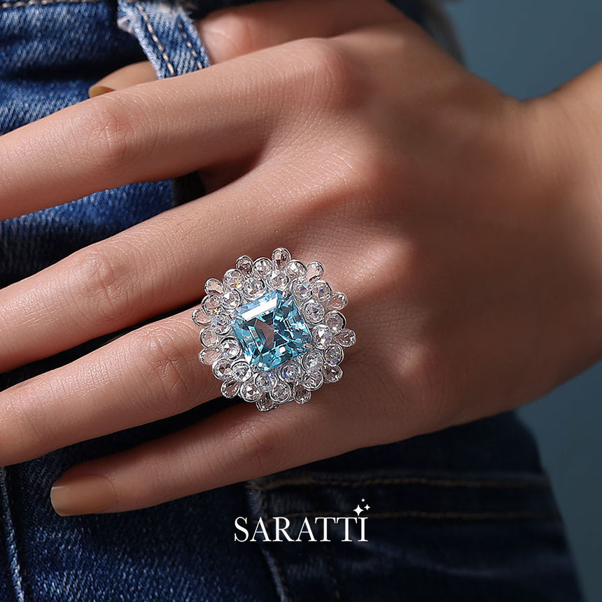 Unique Natural Aquamarine Ring in Platinum | Genuine High Jewelry Aquamarine Ring | Saratti Jewelry