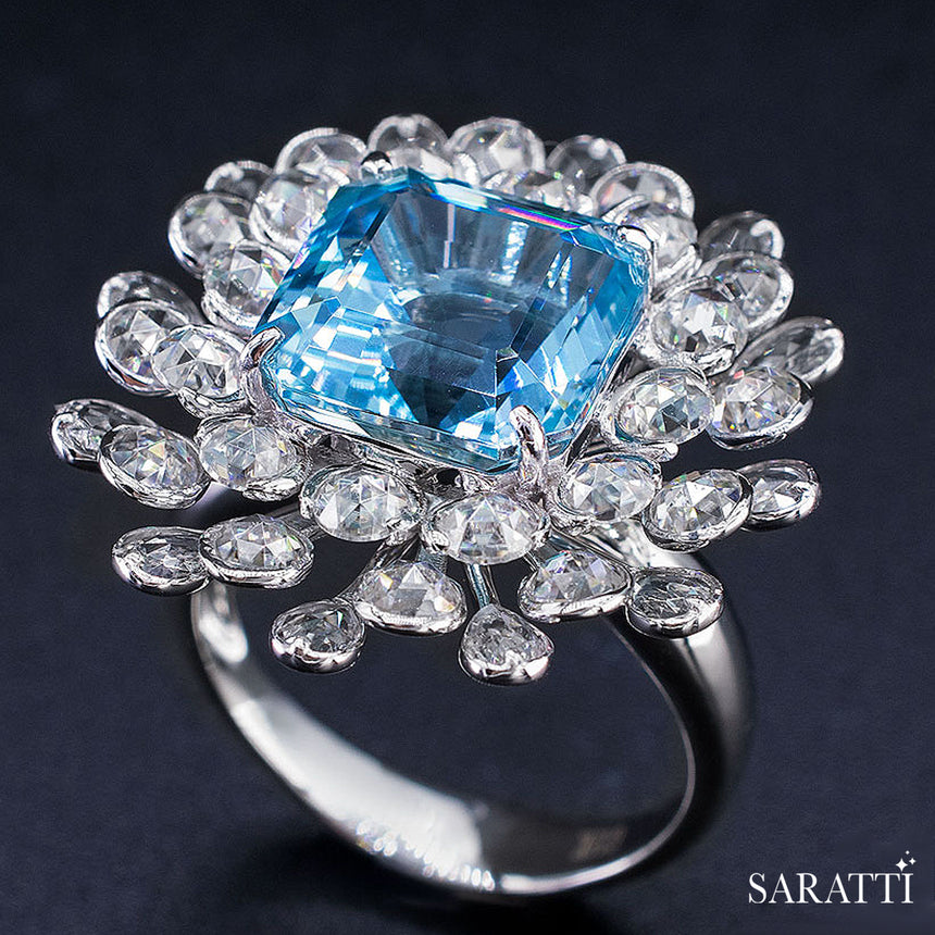 Vintage Aquamarine Ring with Genuine Asscher Cut Natural Aquamarine in Platinum | Saratti Jewelry