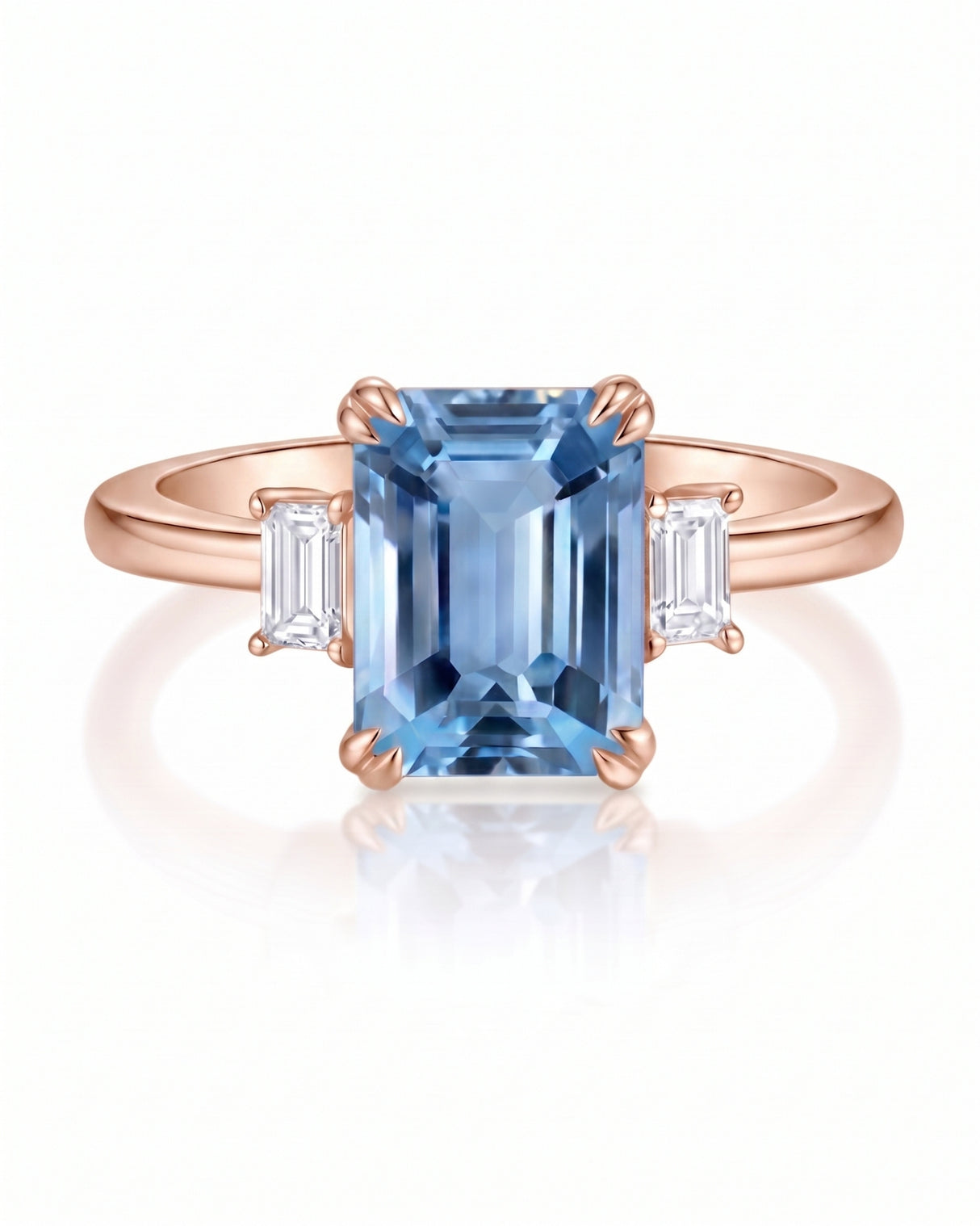 Trilune emerald-cut Aquamarine diamond three-stone ring setting in rose gold, side view | SARATTI