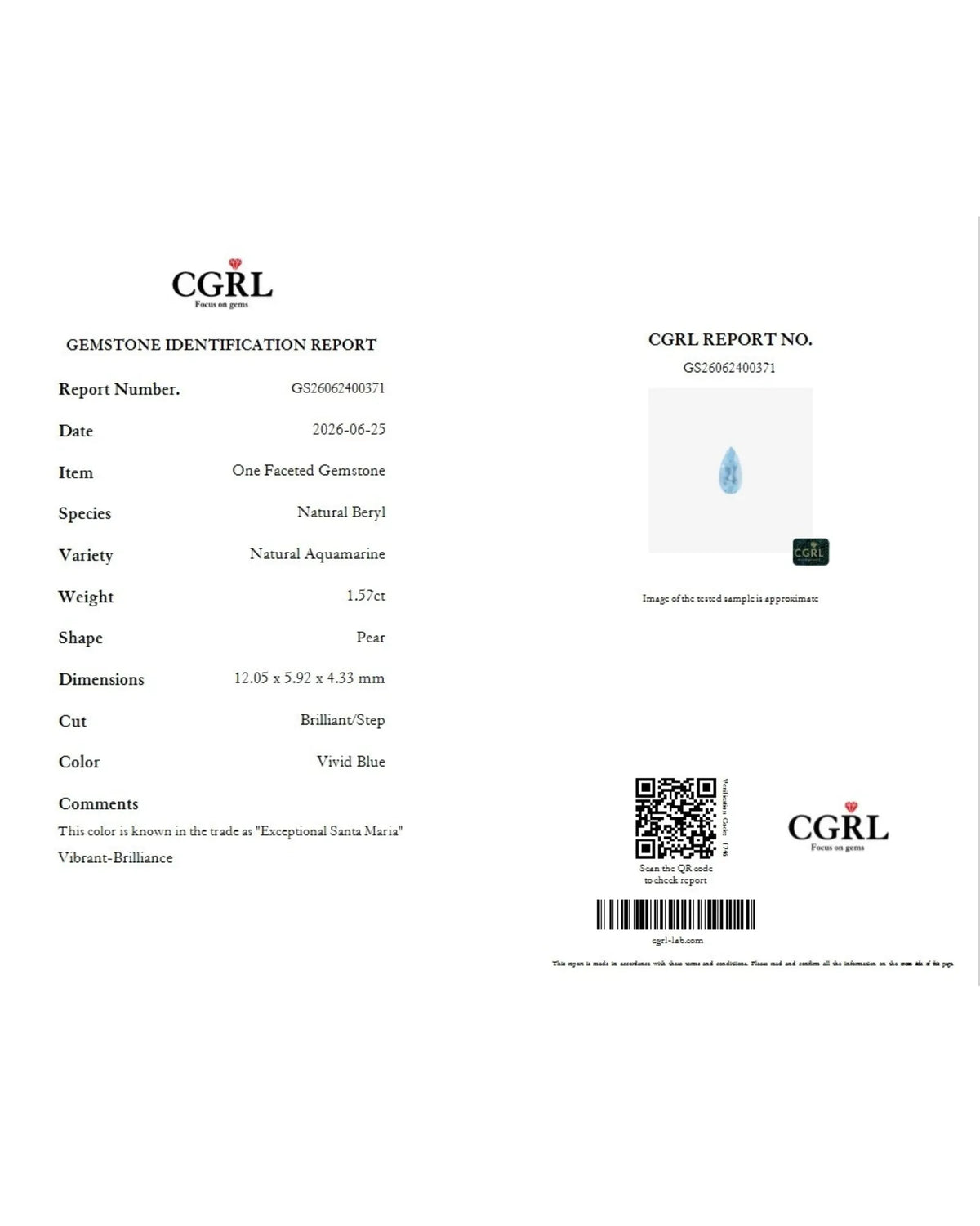 Aquamarine measuring 12.05 × 5.92 × 4.33 mm | SARATTI