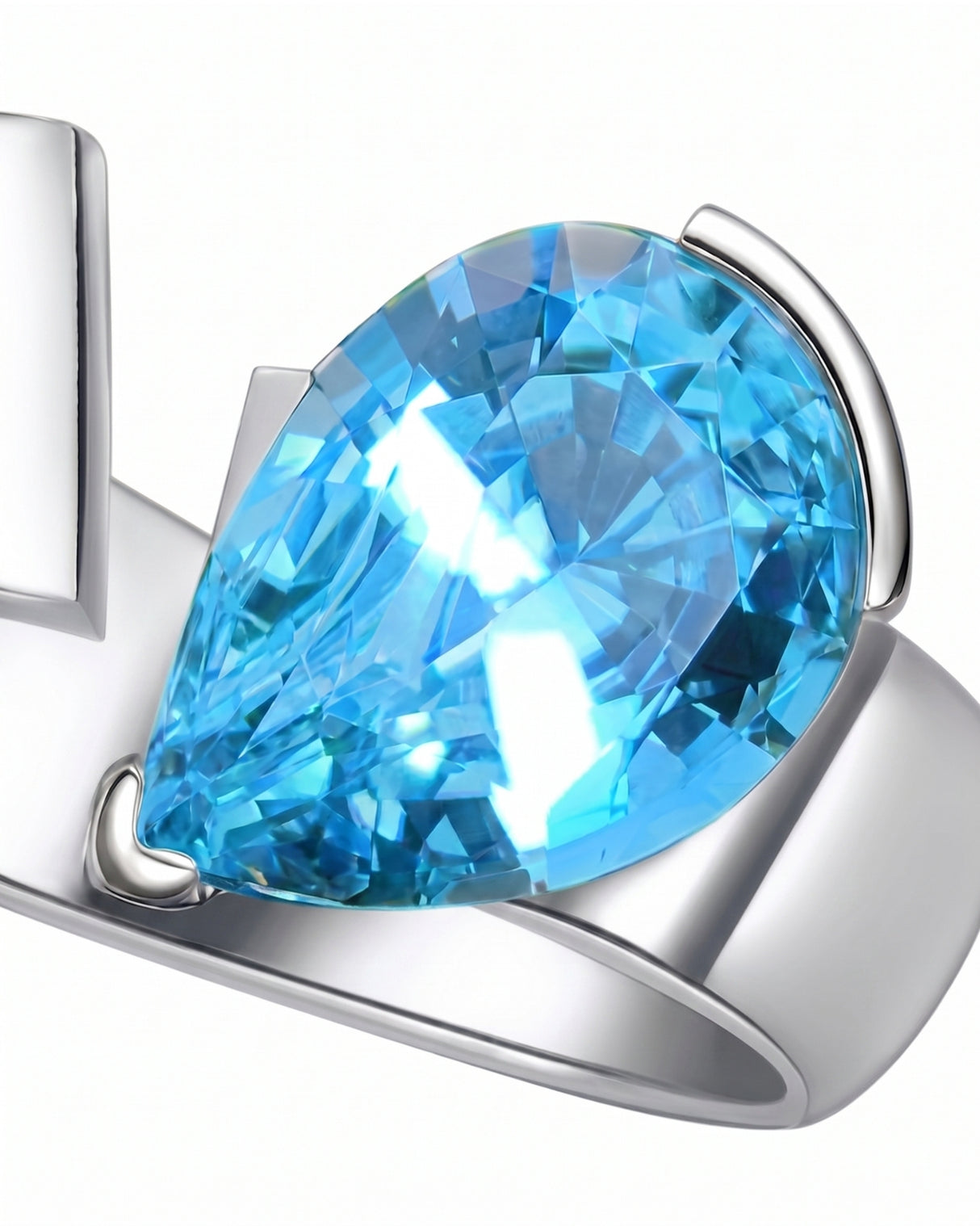 Courant pear-cut Aquamarine sculptural open-band ring setting in white gold, top view | SARATTI